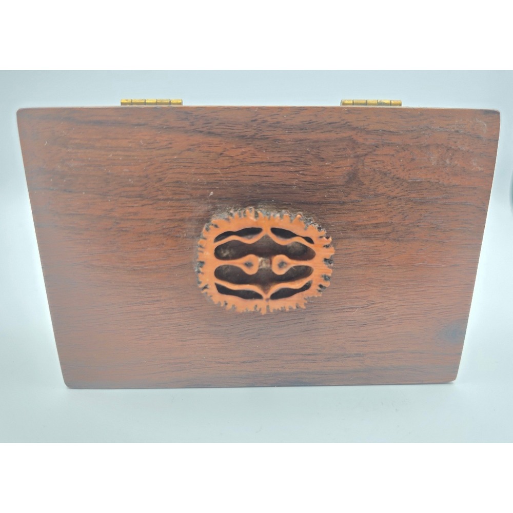 Wood Trinket Box Vintage Handmade Black Walnut Shell Inlay Blue Felt Lining MCM
